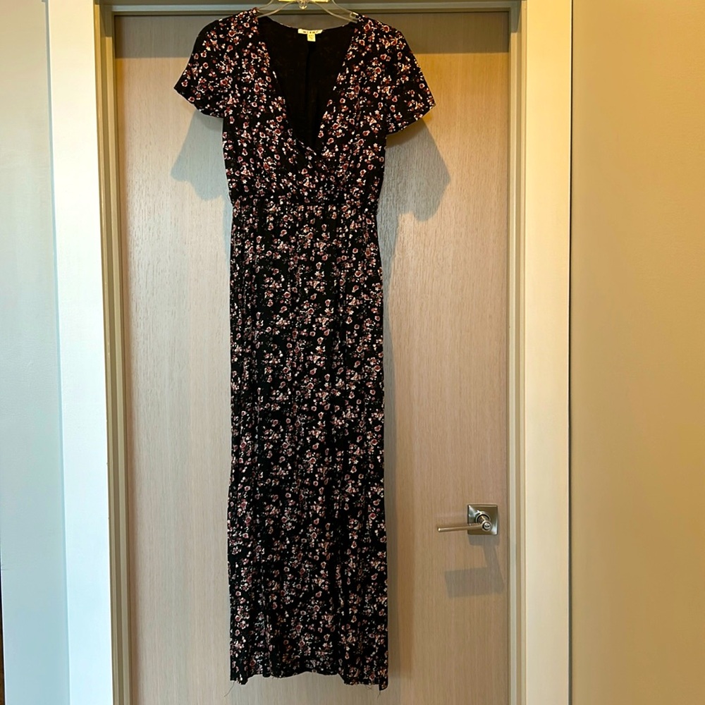 Miami faux wrap maxi dress. Pink gray floral on black. Elastic waist. Size XXS